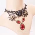 Spider skull charm choker Red stone pendant Lace Necklace